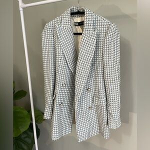Zara Blue and Grey Tweed Blazer With Silver Buttons Size S